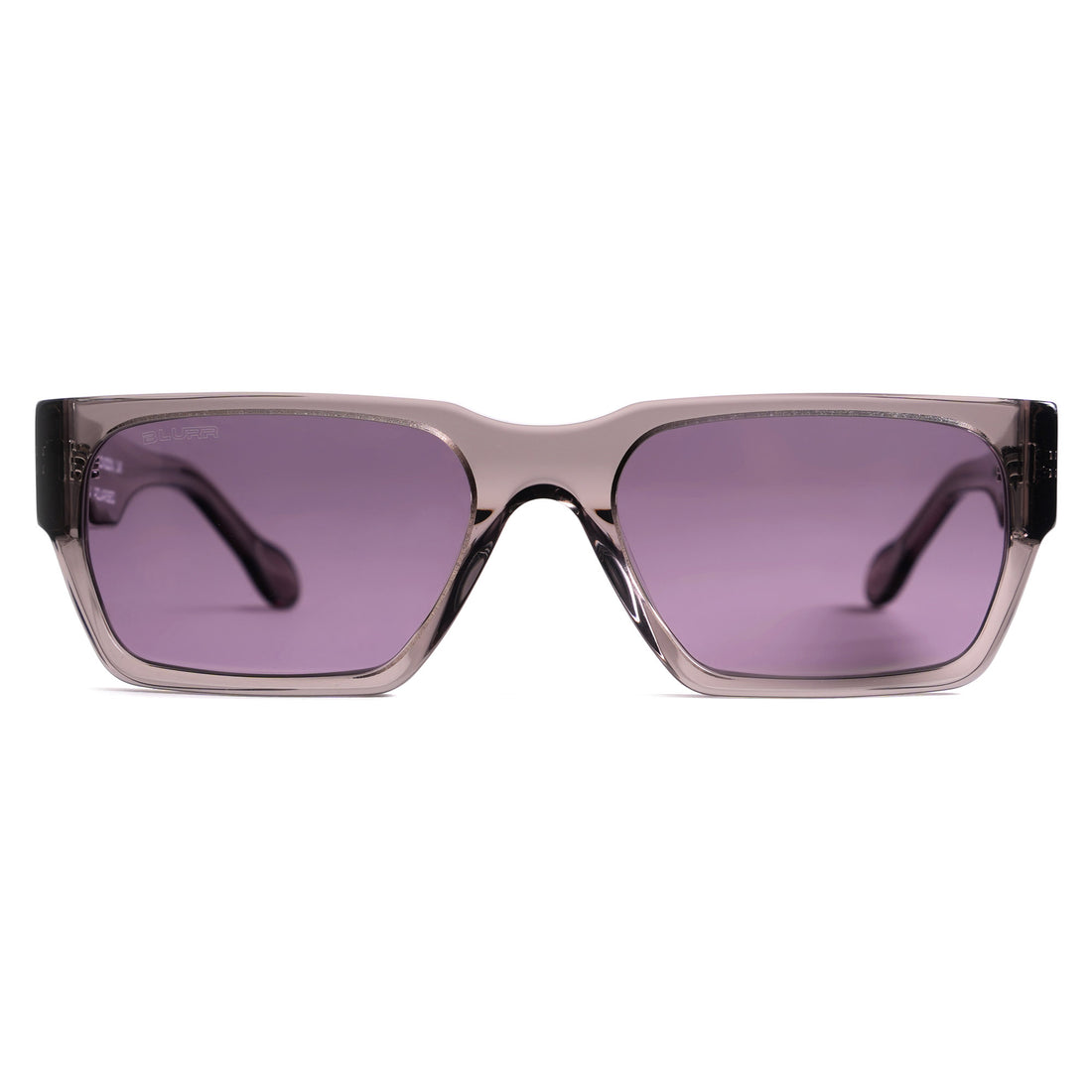 Sunglasses with a purple lens and transparent frame on a white background