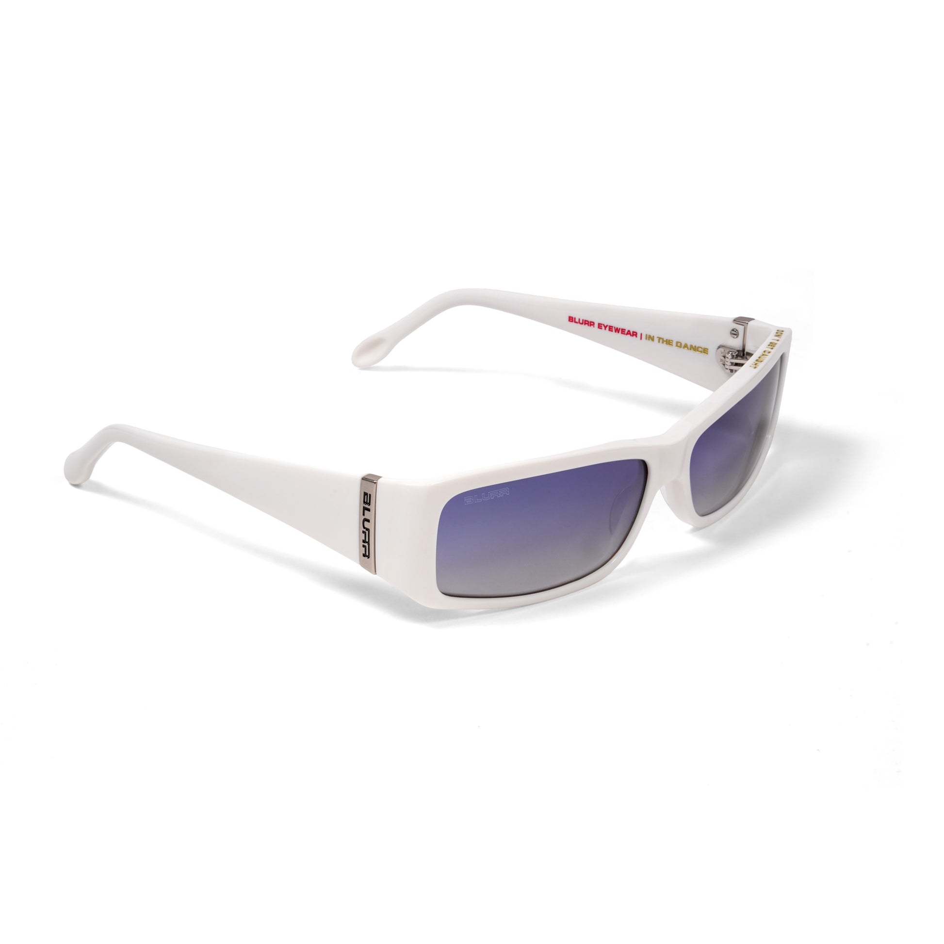 White sunglasses with blue gradient lenses on a white background